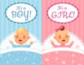 Baby shower cards. Its a Boy and Girl label, cute baby cartoon vector illustration set Royalty Free Stock Photo