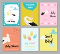 Baby Shower Cards Set. Newborn Child Invitation, Congratulation, Poster, Greeting Design with Cute Stork. Happy Birthday