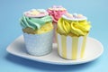 Baby shower or childrens pink, aqua & yellow cupcakes
