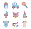 Baby shower clothes toys accessories icons collection