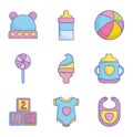 Baby shower clothes toys accessories icons collection