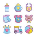 Baby shower clothes toys accessories icons collection