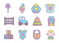 Baby shower clothes toys accessories icons collection