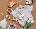 Baby shower concept. Newborn baby clothing,