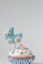 Baby shower cupcake for a boy. Newborn announcement concept. Text space