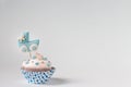 Baby shower cupcake for a boy. Newborn announcement concept. Text space