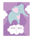 Baby shower, cute elephant clouds cartoon, purple background theme invitation card