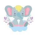 Baby shower cute elephant sitting on cloud foliage cartoon Royalty Free Stock Photo