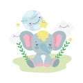 Baby shower cute elephant sitting on grass with flower cloud world cartoon Royalty Free Stock Photo