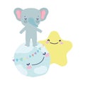 Baby shower cute elephant on world star love hearts cartoon