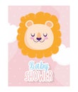 Baby shower, cute face lion clouds hearts background cartoon, theme invitation card