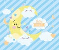 Baby shower cute half moon clouds hearts cartoon