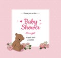 Baby shower cute invitation card design with teddy bear and flowers illustration. It`s a girl! - Vector Royalty Free Stock Photo