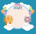 Baby shower, cute lion and bear with balloons clouds celebration card