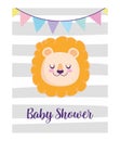 Baby shower, cute lion face pennants decoration animal cartoon, theme invitation card