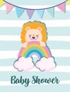 Baby shower cute lion rainbow and pennants decoration card