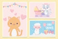 Baby shower cute little animals love hearts pram gifts clouds card set Royalty Free Stock Photo