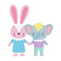 Baby shower cute little elephant and rabbit with dress cartoon Royalty Free Stock Photo