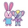 Baby shower cute little elephant and rabbit with dress cartoon Royalty Free Stock Photo