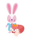 Baby shower cute little female rabbit and fox cartoon