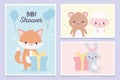 Baby shower cute little fox bunny bear sheep gift boxes greeting cards Royalty Free Stock Photo