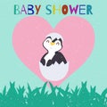 Baby shower with cute penguin chick just hatched from an egg in love heart cartoon vector illustration. Royalty Free Stock Photo