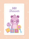 Baby shower, cute raccoon with rattle cubes toys cartoon, announce newborn welcome card