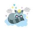 Baby shower cute raccoon sleeping on clouds hearts cartoon