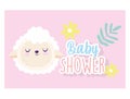 Baby shower, cute sheep face flowers floral cartoon, theme invitation card