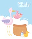 Baby shower, cute stork with little girl basket duck and bottle milk, celebration welcome newborn Royalty Free Stock Photo