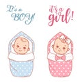 Baby shower design. Newborn baby girl and boy on swaddle, blanket. Royalty Free Stock Photo