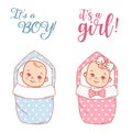 Baby shower design. Newborn baby girl and boy on swaddle, blanket Royalty Free Stock Photo