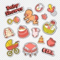 Baby Shower Doodle with Girl, Toys and Cake. Newborn Party Decoration Stickers, Badges and Patches