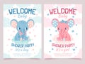 Baby shower elephant. Invitation card for newborn boy and girl party with elephants on cloud. Welcome kid banner with Royalty Free Stock Photo