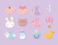 Baby shower, faces boy girl bear bunny duck stork pacifier welcome newborn celebration icons Royalty Free Stock Photo