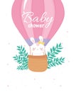 Baby shower, female bunny in hot air balloon, welcome newborn celebration card