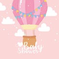 Baby shower, flying hot air balloon sky, welcome newborn celebration card Royalty Free Stock Photo