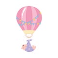 Baby shower, flying little boy with purple blanket air balloon, celebration welcome newborn