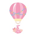 Baby shower, flying little girl with blanket air balloon, celebration welcome newborn