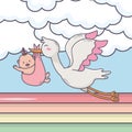 Baby shower flying stork with little girl sun clouds rainbow Royalty Free Stock Photo