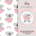 Baby shower girl card design. Cartoon koala bear in stroller Royalty Free Stock Photo