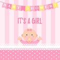 Baby Shower girl card. Vector illustration. Pink banner with kid Royalty Free Stock Photo