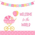 Baby Shower girl card. Vector illustration. Pink banner with pram. Royalty Free Stock Photo