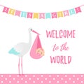 Baby Shower girl card. Vector illustration. Pink banner with stork. Royalty Free Stock Photo