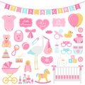 Baby Shower girl set. Vector illustration. Pink elements for par Royalty Free Stock Photo