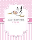 Baby shower girl. Stork with a baby.