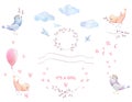 Baby shower girl watercolor clipart. Birds, hearts, branches. Small wreath of twigs. Ribbon, balloon, clouds