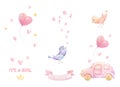 Baby shower girl watercolor clipart. Baby car with ballon. Birds, hearts, ribbon, stars