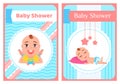 Baby shower greeting card with babies boy or girl lies plays with toys and sleeps on a pillow Royalty Free Stock Photo