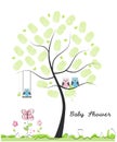 Baby shower greeting card. Baby boy. Baby owl. Owl family with made of finger prints tree vector illustration Royalty Free Stock Photo